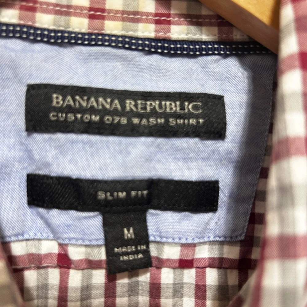 Banana Republic Mens Preppy Academia‎ Button Shirt M Maroon Gray Gingham Slim